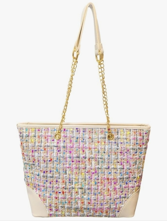 The Unbranded Brand Handbags - Pink Multicolor Tweed Tote Shoulder Bag with Gold Chain Straps